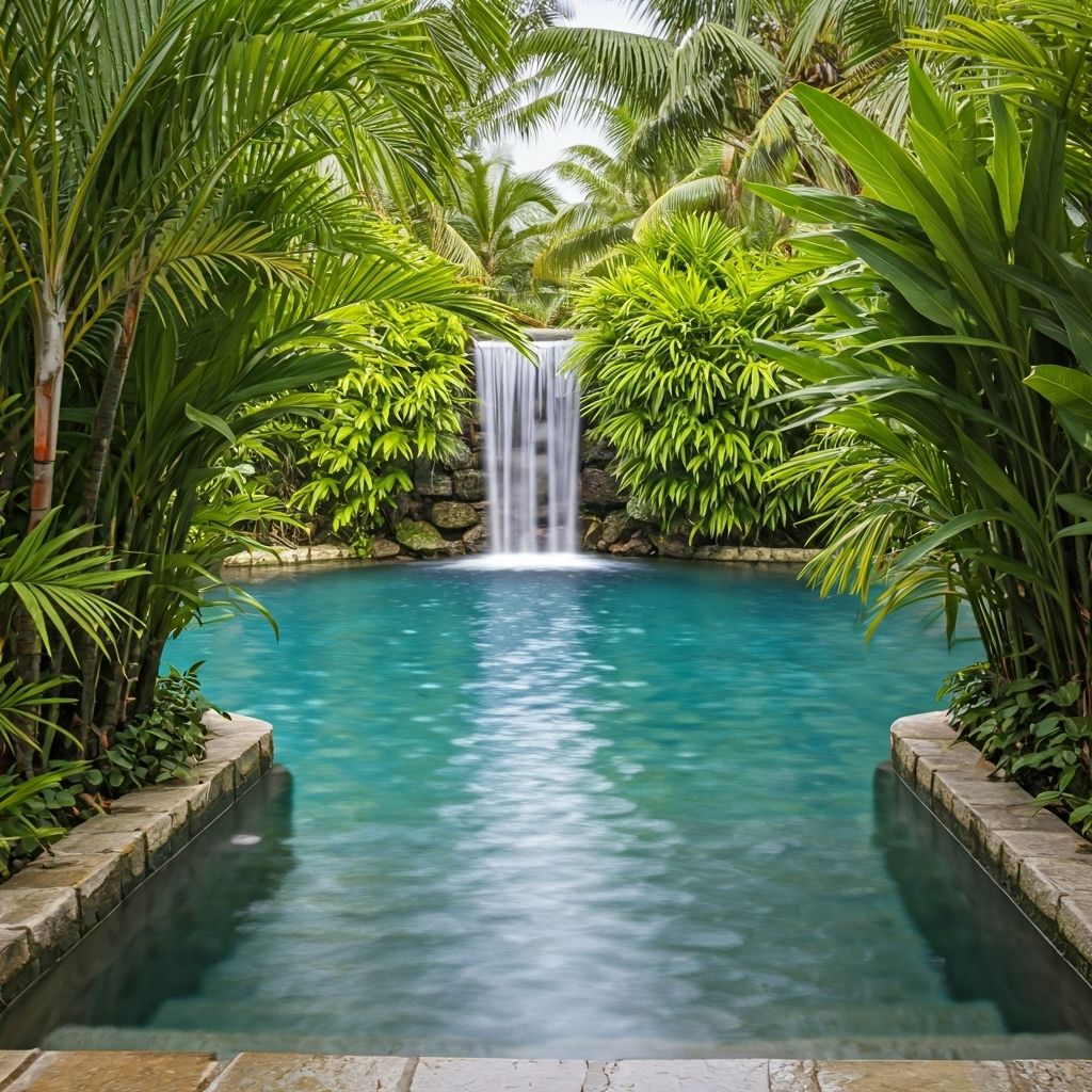 Natural swimming pool with waterfall and tropical landscaping
